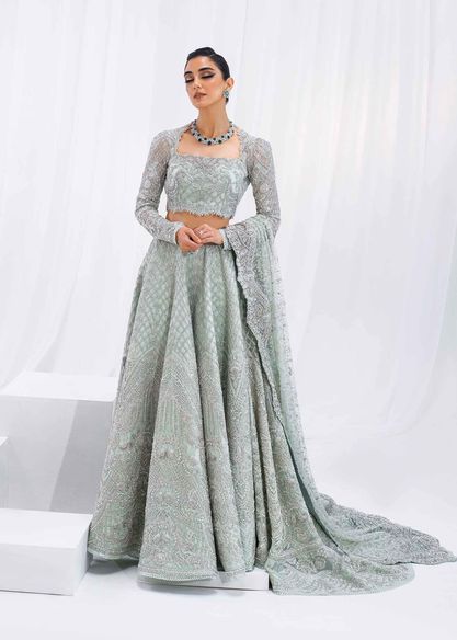 Pakistani Bridal Dress Lehenga Choli Outfit Embellished Light Cyan