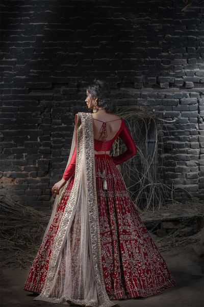 Pakistani Embellished Royal Red Velvet Lehenga Bridal Dress