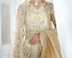 Hand-crafted Golden Pakistani Bridal Outfit In Gown Lehenga Style