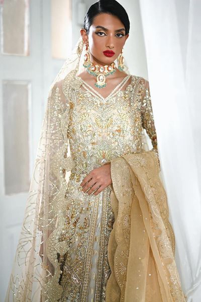 Hand-crafted Golden Pakistani Bridal Outfit In Gown Lehenga Style