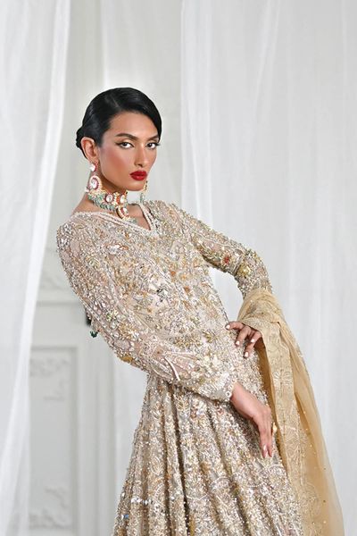 Hand-crafted Golden Pakistani Bridal Outfit In Gown Lehenga Style