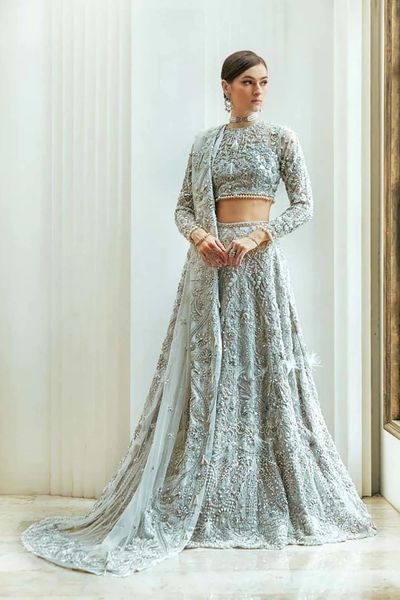 Pakistani Bridal Dress Silver Shaded Open Style Gown Lehenga