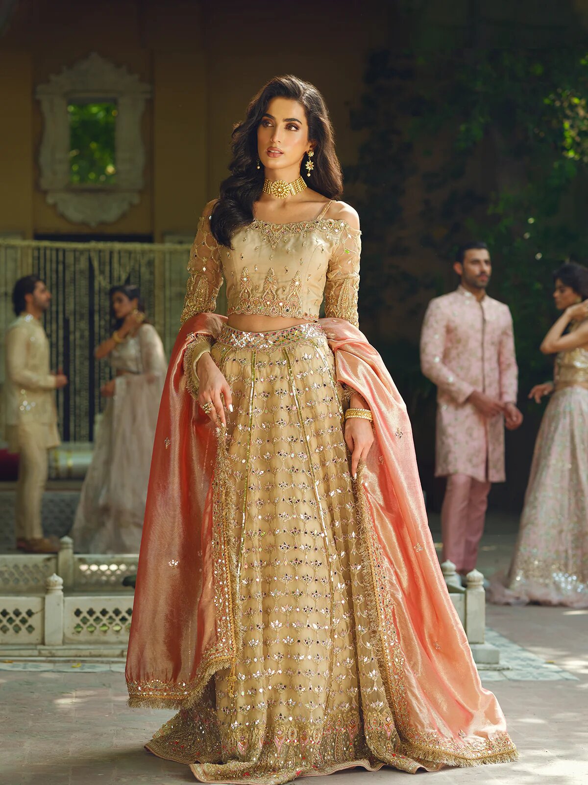 Pakistani Bridal Dress Gold Lehenga Choli Embellished Outfit