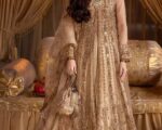 Pakistani Antique Gold Embroidered Open Lehenga Bridal Dress