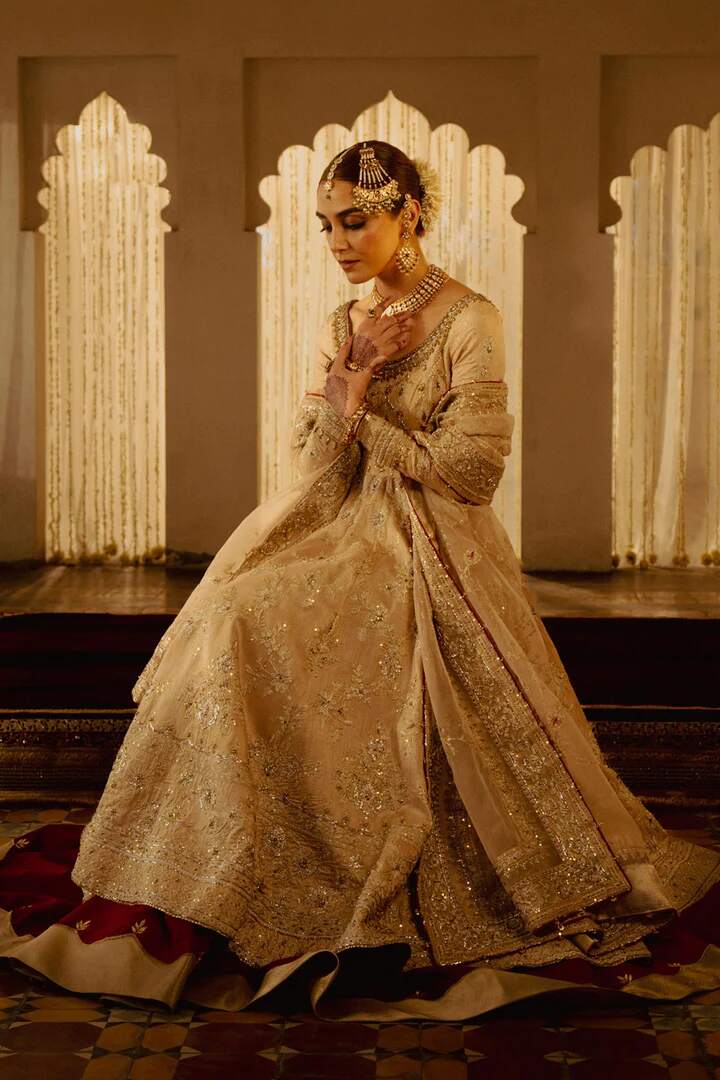 Nikah Dress In Pishwas Gown And Crude Silk Lehenga Style Nameera Bridal