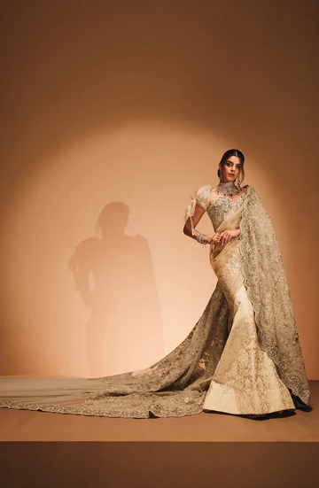 Embellished Golden Brilliant Saree Style Pakistani Bridal Dress