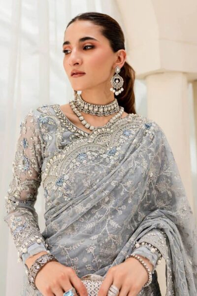 Pakistani Ice Blue Saree Embroidered Styling For Wedding