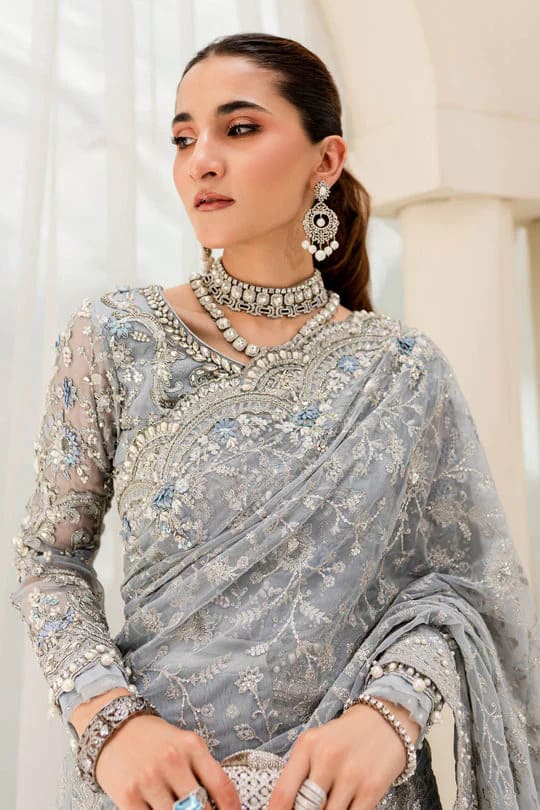 Pakistani Ice Blue Saree Embroidered Styling For Wedding