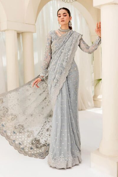 Pakistani Ice Blue Saree Embroidered Styling For Wedding