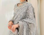 Pakistani Ice Blue Saree Embroidered Styling For Wedding