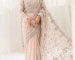 Embellished Pastel Pink Pakistani Organza Saree For Wedding