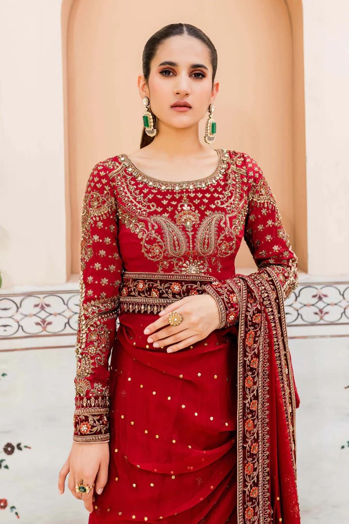 Embroidered Pakistani Marriage Dress In Dark Red Saree Style