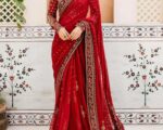 Embroidered Pakistani Marriage Dress In Dark Red Saree Style