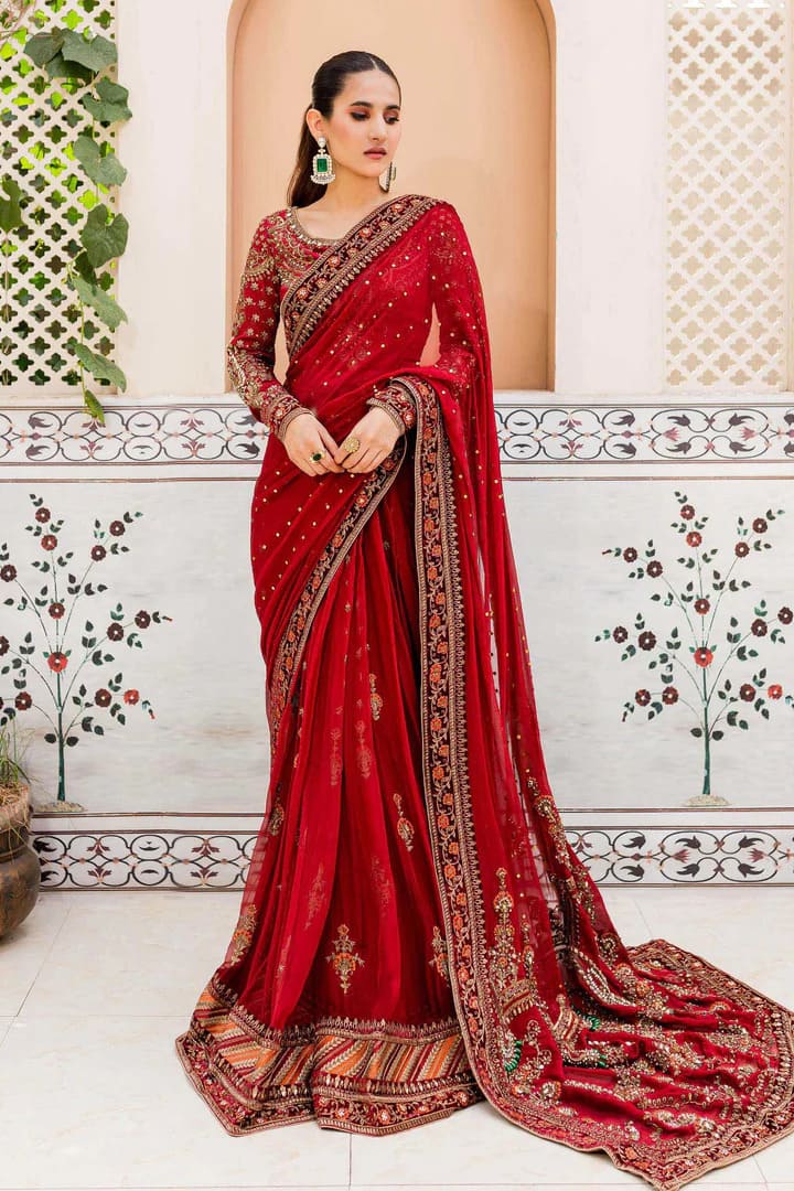 Embroidered Pakistani Marriage Dress In Dark Red Saree Style