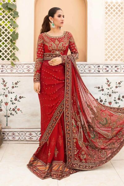 Embroidered Pakistani Marriage Dress In Dark Red Saree Style