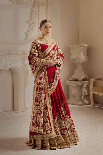 Heavy Embroidered Pakistani Outfit In Red Lehenga Saree Style