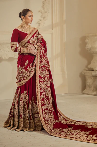 Heavy Embroidered Pakistani Outfit In Red Lehenga Saree Style