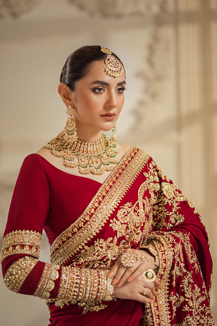 Heavy Embroidered Pakistani Outfit In Red Lehenga Saree Style