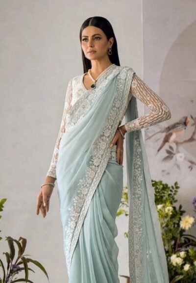 Blue and white Pakistani Embroidered Saree Wedding Dress