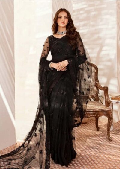 Black Embroidered Pakistani Wedding Bridal Saree