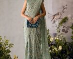 Pakistani Bridal Embroidered Aqua Sleeveless Saree Bridal Dress