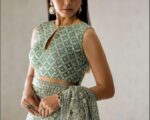 Pakistani Bridal Embroidered Aqua Green Sleeveless Saree Dress