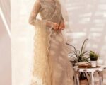 Embellished Cream Pakistani Bridal Net Saree Wedding Dress