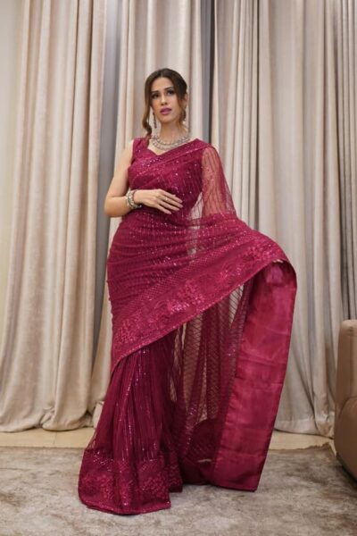 Embroidered Maroon Pakistani Bridal Saree Beautiful Style