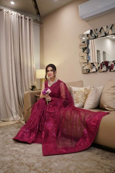 Embroidered Maroon Pakistani Bridal Saree Beautiful Style