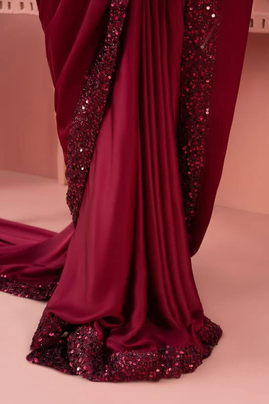 Pakistani Embellished Maroon Moon Light Bridal Saree Outfit