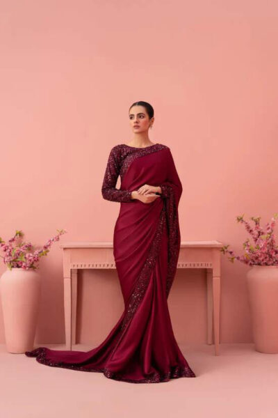 Pakistani Embellished Maroon Moon Light Bridal Saree Outfit