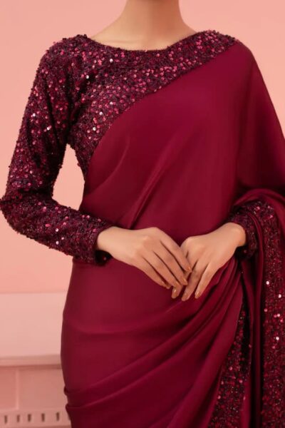 Pakistani Embellished Maroon Moon Light Bridal Saree Outfit