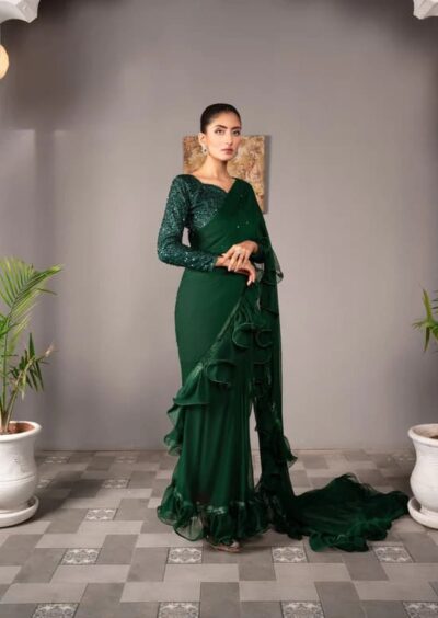 Pakistani Embellished Green FRILLED Saree Marriage Dress