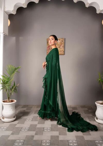 Pakistani Embellished Green FRILLED Saree Marriage Dress