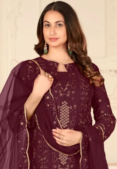 Pakistani Embellished Party Maroon Salwar Kameez - Image 3