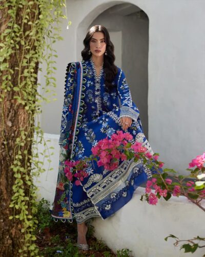 Pakistani Blue Floral Printed Party Wear - Image 2