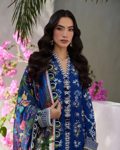 Pakistani Blue Floral Printed Party Wear - Image 3