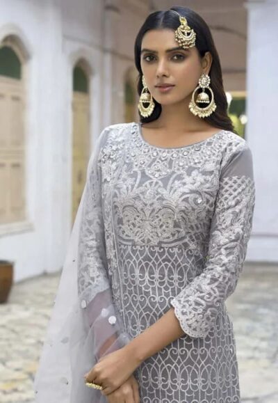 Pakistani Embroidered Party Gray Salwar Kameez - Image 3