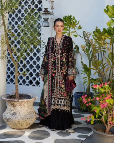 Pakistani Party Black Floral Long Kameez