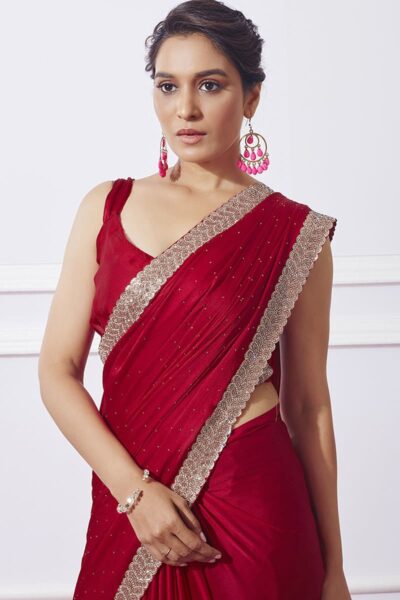 Elegant Bridal Saree in Red with Swarovski Crystal Adornments