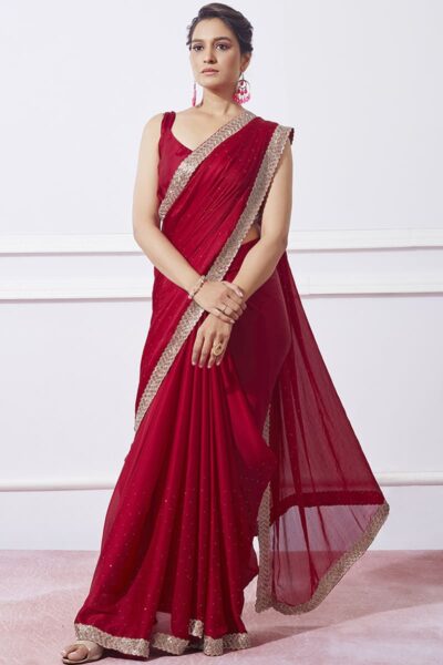 Indian Bridal Red Swarovski Classic Saree