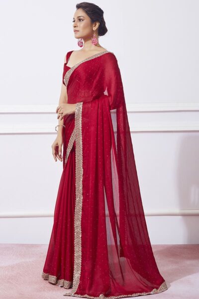 Classic Indian Bridal Attire: Red Saree with Swarovski Detailing