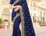 Traditional Indian Saree in Navy Blue Silk with Embroidered Details