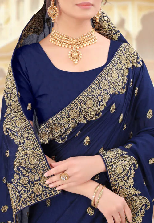 Embroidered Silk Indian Saree in Navy Blue