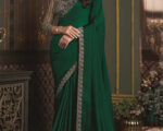 Embroidered Border Satin Silk INDIAN Saree in Dark Green