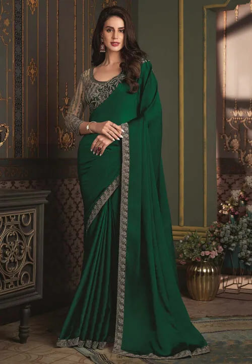 Embroidered Border Satin Silk INDIAN Saree in Dark Green