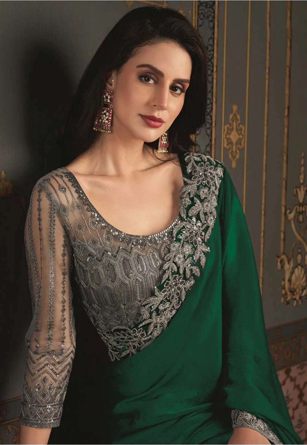 Dark Green Embroidered Border Satin Silk Sari