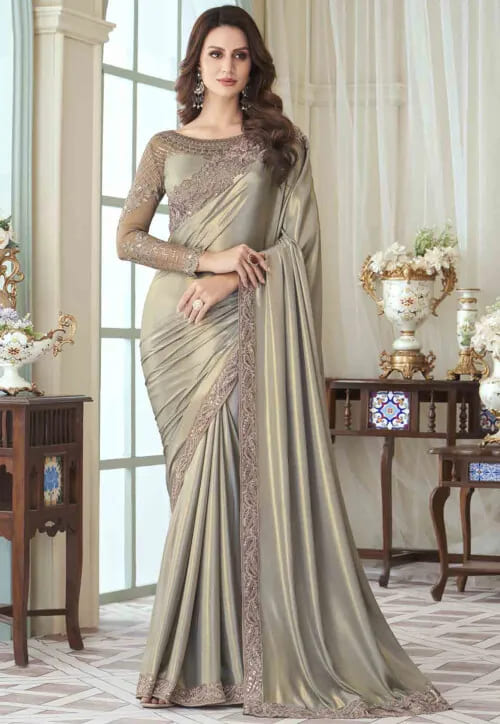 Traditional Indian Saree in Light Olive Green Georgette Silk