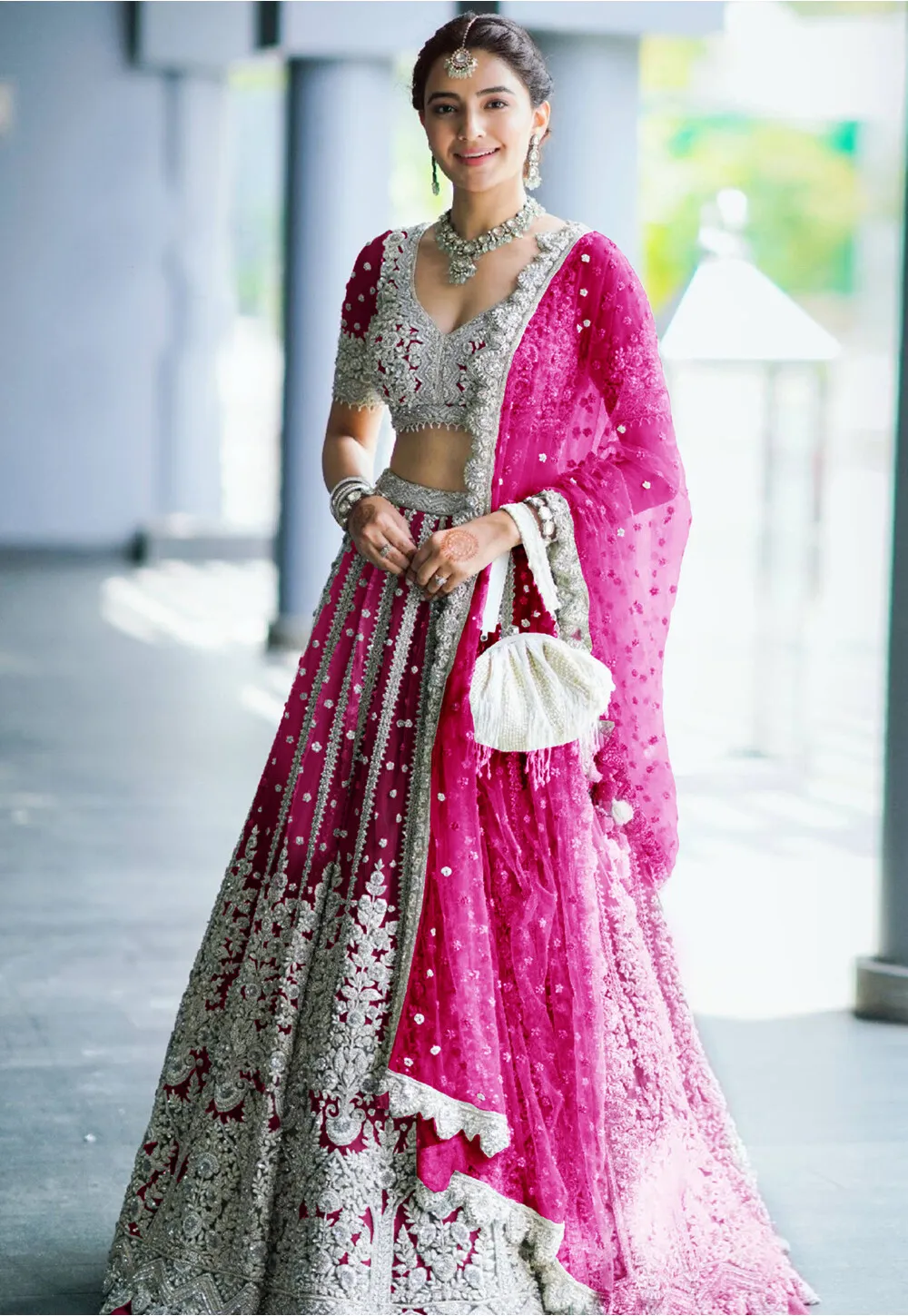 Weaved Net Lehenga in Fuchsia