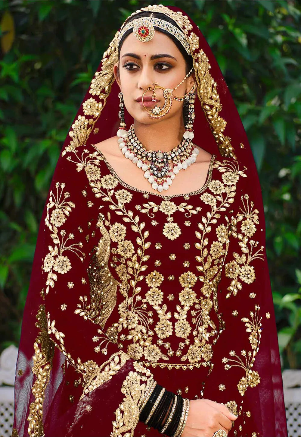 Embroidered Weaved Velvet Lehenga in Maroon